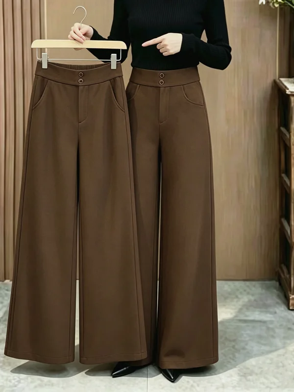 High Waist Fleece Lined Wide Leg Pants Women's Style Casual  Pants Slimming Effect Autumn Wear Comfortable Polyester
