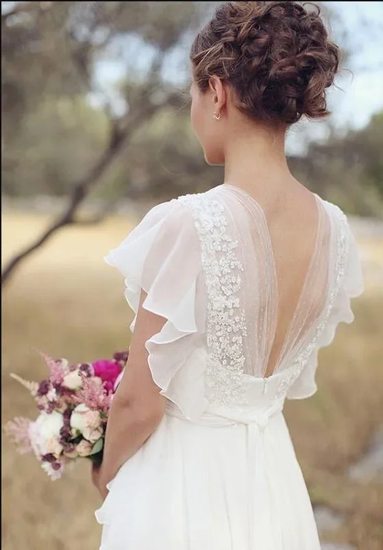 Hippie Style beach Wedding Dresses 2025 A-line butterfly sleeve Bridal Gowns Backless White Lace Chiffon Boho vestido de noiva