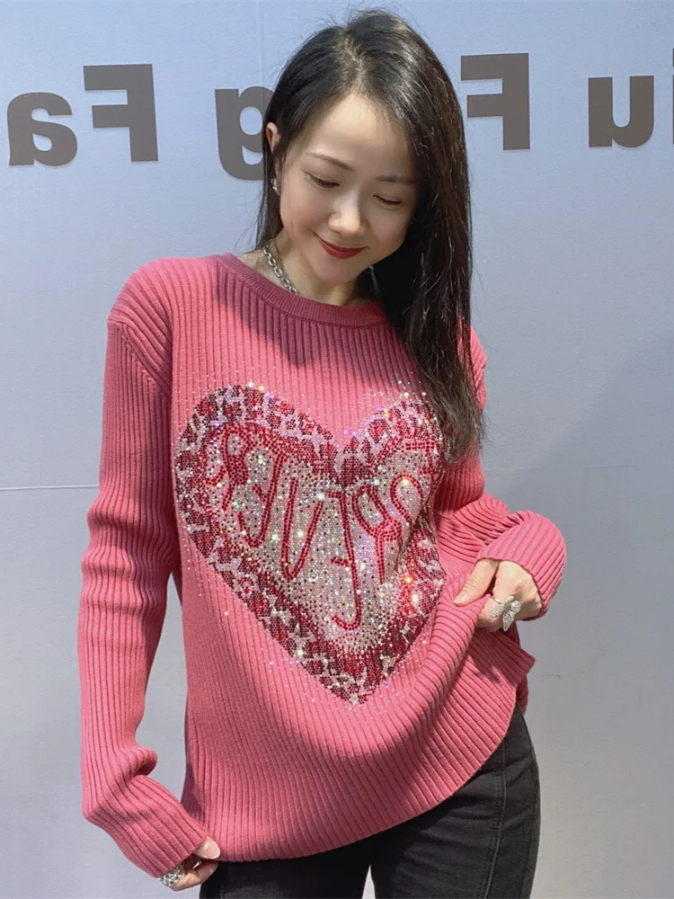 

Sweet Cute Slimming Oversized Round Neck Rhinestone Botomming Shirt For Women's Autumn Winter Long Sleeved Inner Top T-shirts