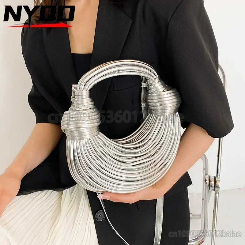 New Gold Luxury Bags for Women Designer Brand Hand Woven Bread Knot Pull Tramp Silver Dinner Clutch Chic Women's Handbags