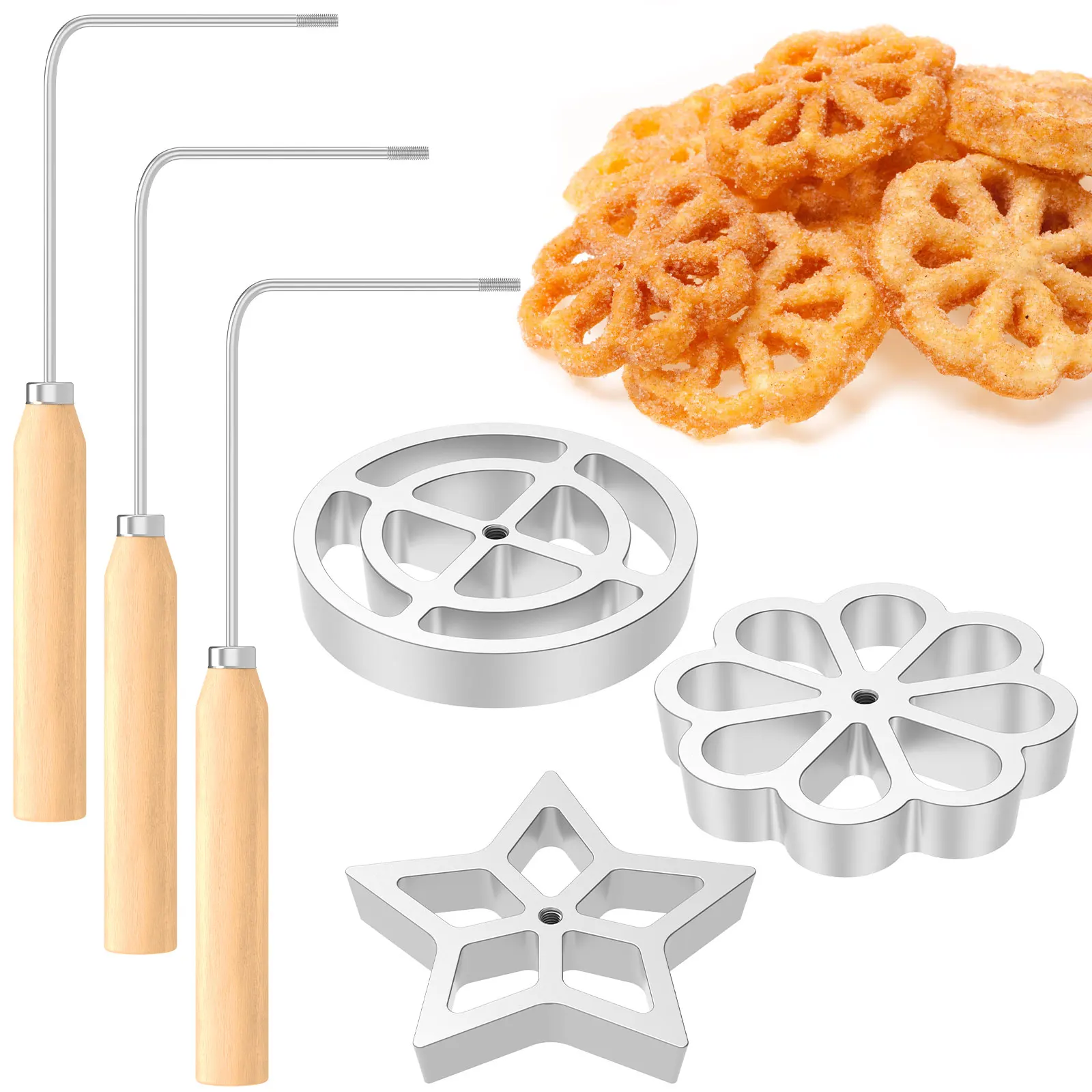Juego de moldes para Bunuelos con 3 mangos de madera, juego de moldes para rosetas de aleación de aluminio, molde para hacer galletas Bunuelos antiadherente reutilizable, 3 uds.