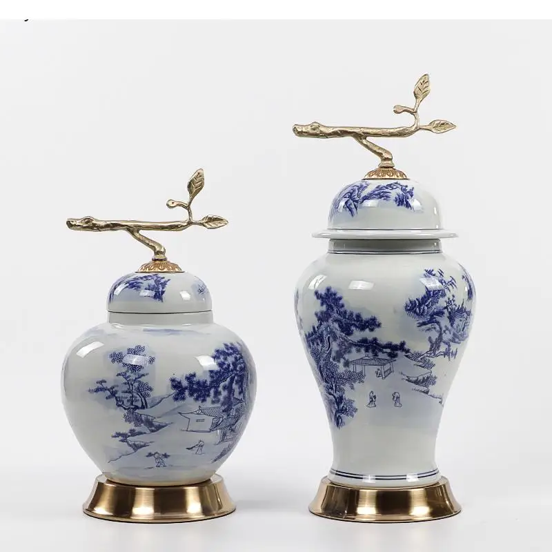 Classical Blue and White Porcelain Ginger Jar Vase Ornaments with Copper Branches Ceramic Lid Dried Flower Home Decoration