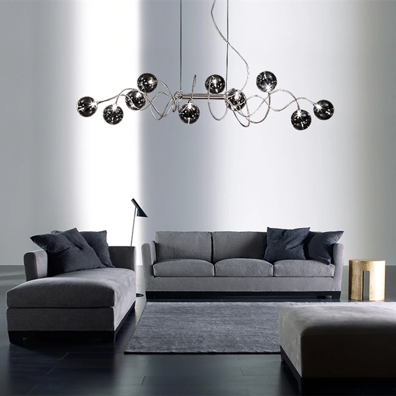 

Nordic Multiple Heads Magic Bean Pendant Lamp For Kitchen Dining Bedroom Chrome Body Chandelier Two Glass Shades Are Available