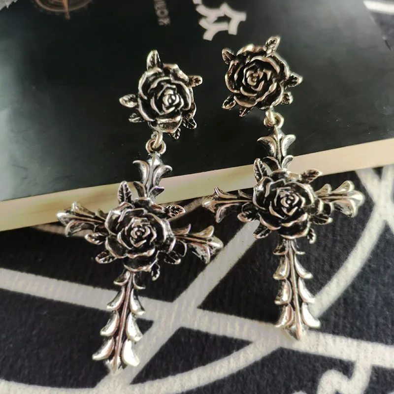 Dark Gothic Black Rose Flower  Drop Earring For Wowem Cross Earring Punk Goth Fashoin Jewelry Halloween Accessories