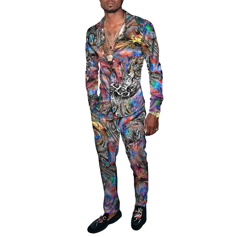 Hawaiian Shirt Suit 3D Serpentine Print 2PCS Set Striped Check Fashion Breathable Men Long Sleeve Shirt Pants Two Piece Suits