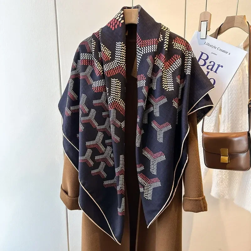 High-end Elegant Women Fine Geometric Windmill Double-sided Print Quality Silk Wool Hand-rolled Edge Large Square Scarf Shawl