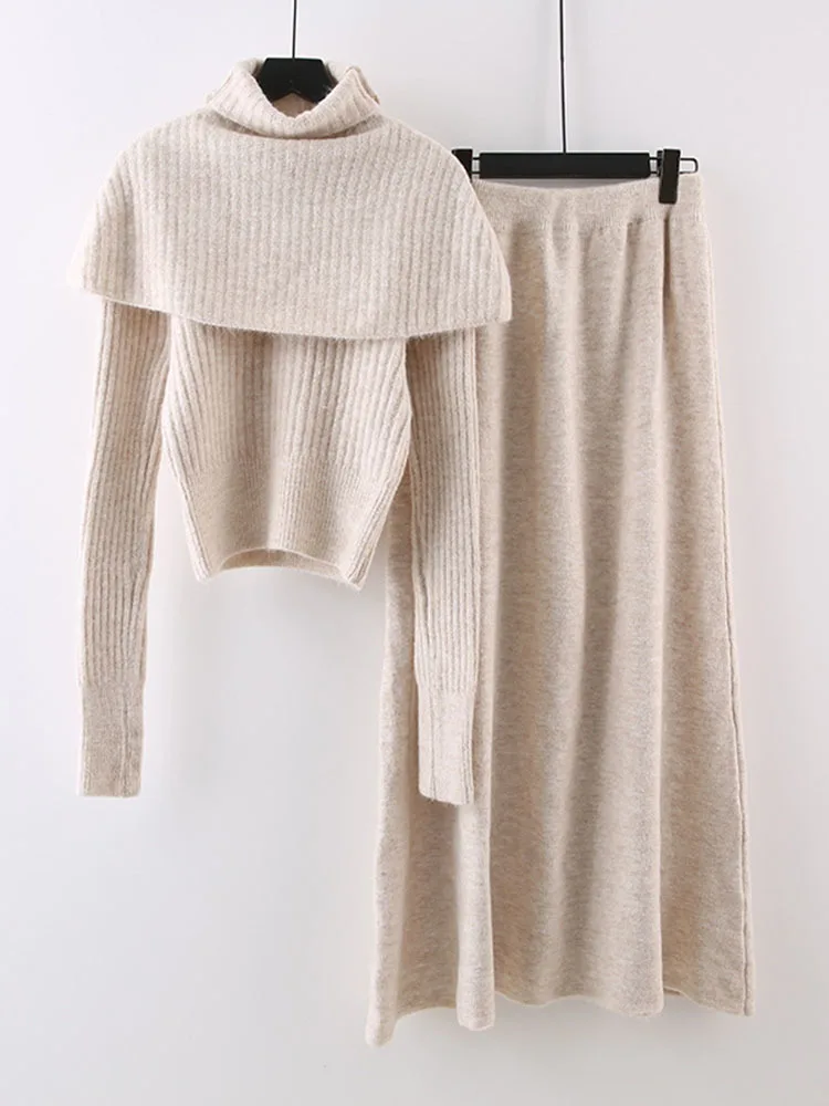 LANMREM Elegant Three-piece Set Women's Turtleneck Shawl Sweater With Elastic High Waist Skirts 2024 Autumn New Clothing 2Z2246