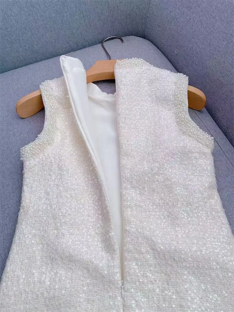 High Quality 2025 Spring New Fashion Tweed tank dress women Temperament Beadings Sequins Sleeveless Mini Robe Ladies