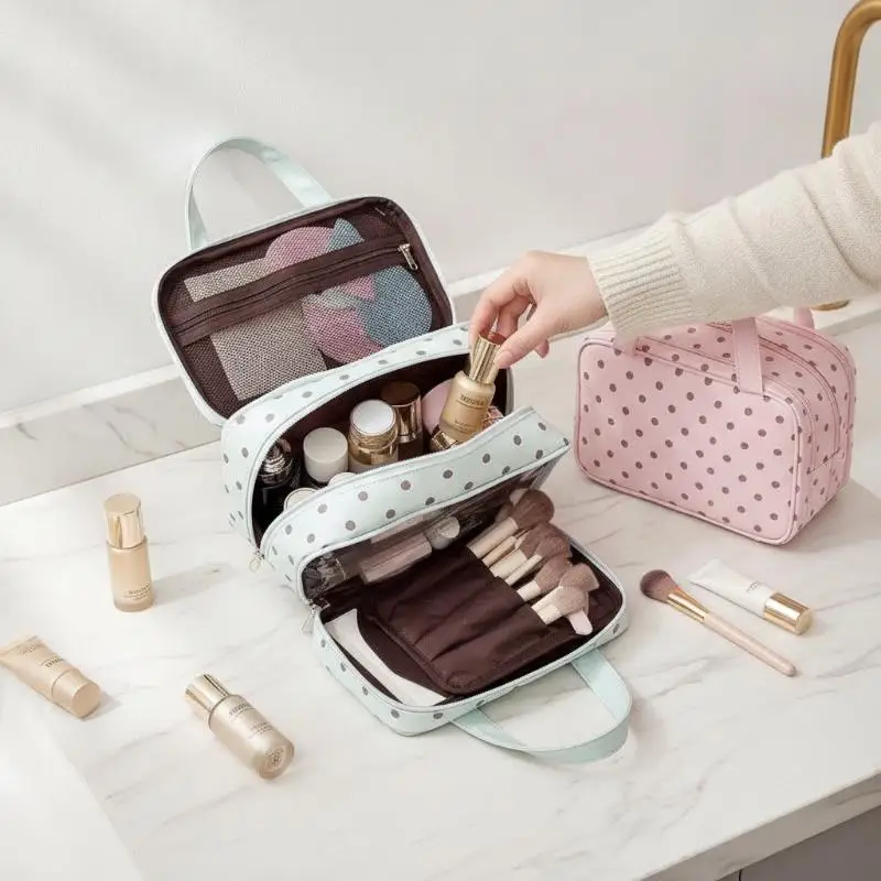 Bolsa de cosméticos con estampado de lunares, impermeable, de cuero sintético, gran capacidad, ideal como neceser de viaje para mujeres, perfecta para escapadas de fin de semana.