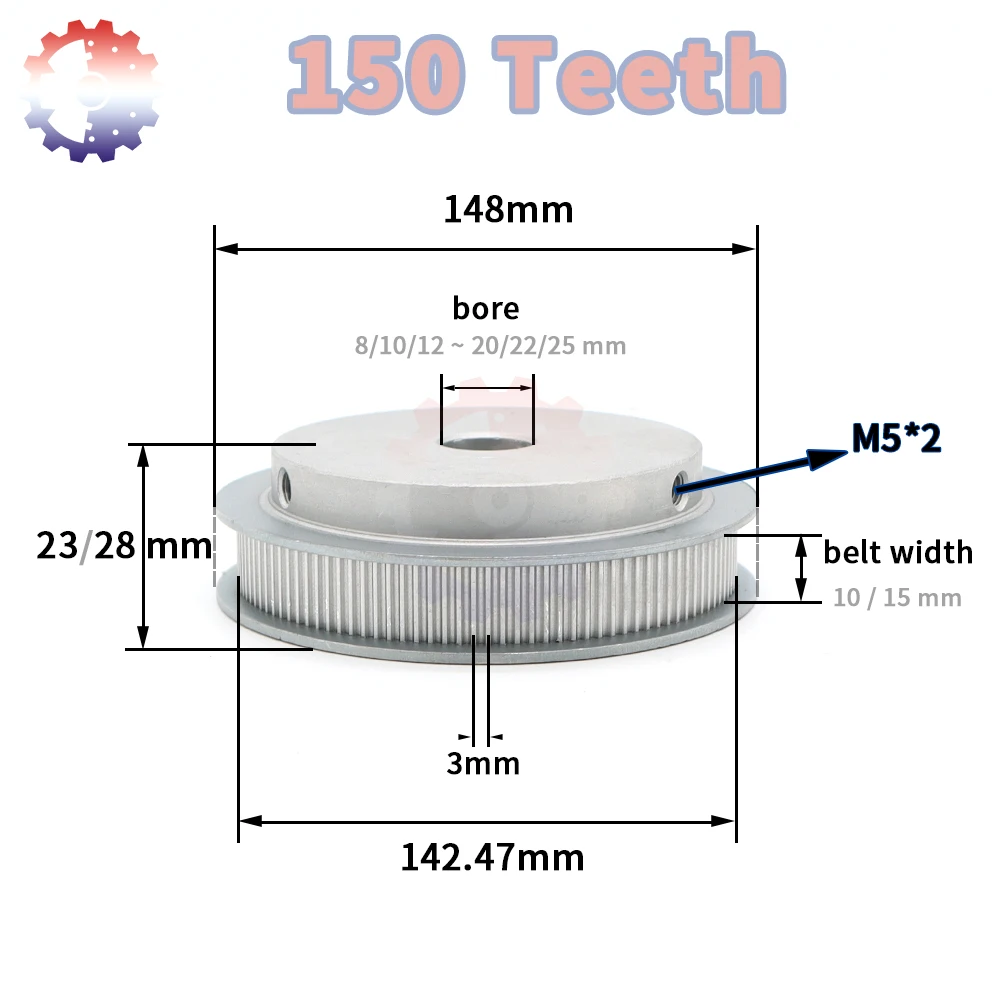 150teeth 150T 3M Timing Pulley 150 Teeth HTD3M Pulley Bore 8/10/12~20/25mm Belt Width 10 15mm 3M Synchronous Wheel HTD 3M Pulley