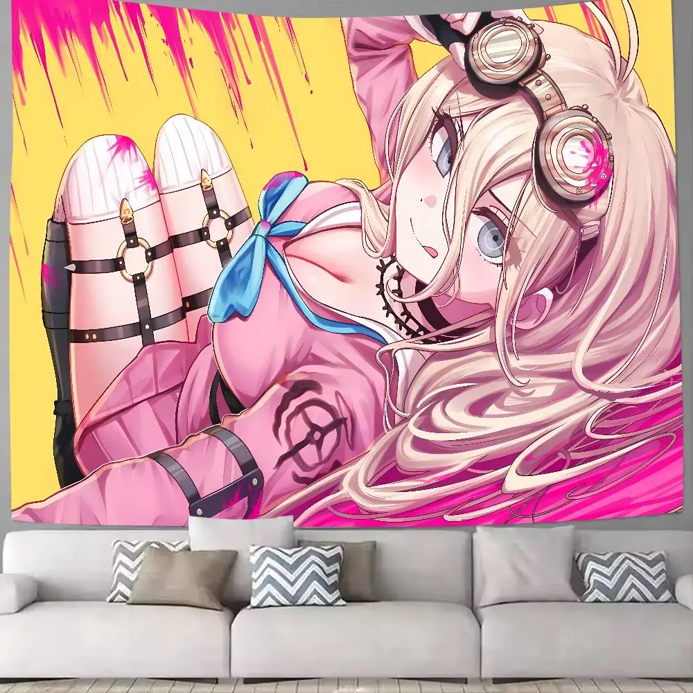 Colorful Anime Girl Kawaii Miu Iruma Tapestry Gaming Wall Hanging Bright Yellow Pink Background Bedroom Dorm Room Home Decor