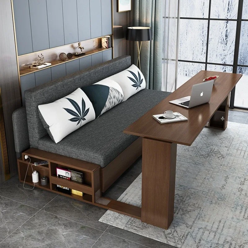 

Sofa bed dual-purpose solid wood, foldable easy to sit and lie down, push-pull storage, living room small double