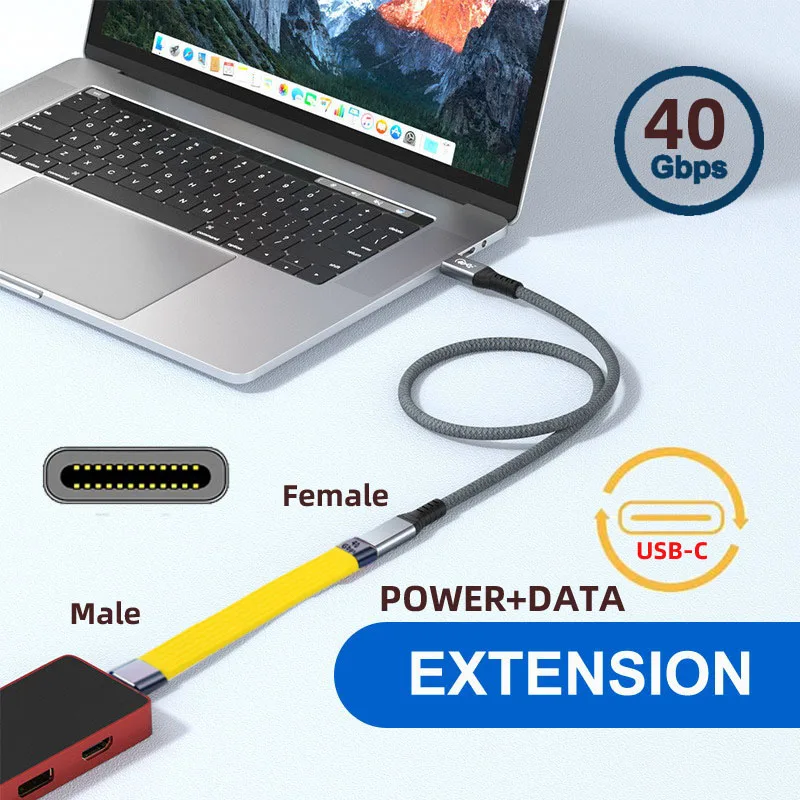Kabel Ekstensi Jantan Ke Betina Datar USB 40Gbps Kuning dengan Pengisian Daya 100W dan 8K @ 60Hz Kompatibel dengan TB3/4