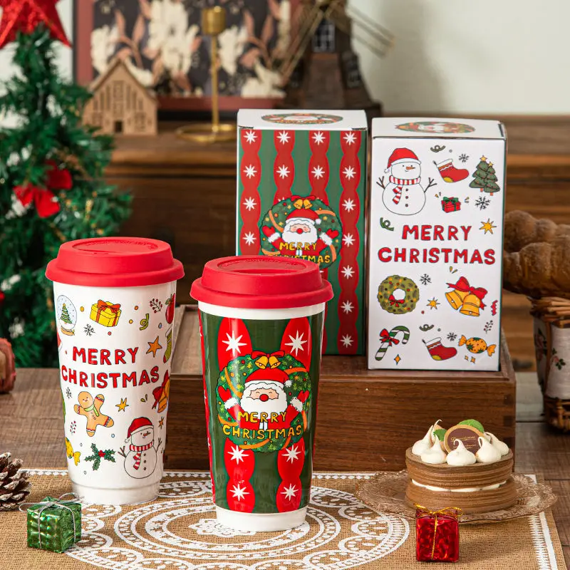 New Christmas Ceramic Cup Office Home with Silicone Cover Coffee Mug ，580ml Water Cups Cartoon Cute Christmas Gift Drinkware