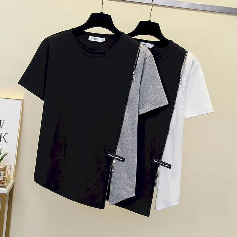 

Womens T Shirts Contrasting Color Irregular Short Sleeve T-shirt 2024 Summer Trendy Tops Design Sense Zipper Slit Slim Tshirts