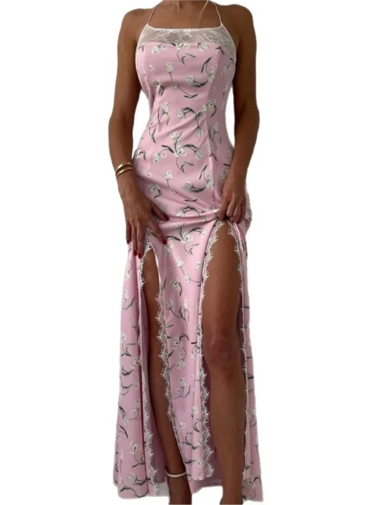 Sommer Blumendruck Maxikleid Outfits Sexy Rückenfrei Fee Sonne Spaghettiträger Kleid Urlaub Beachwear Vestido Coquette