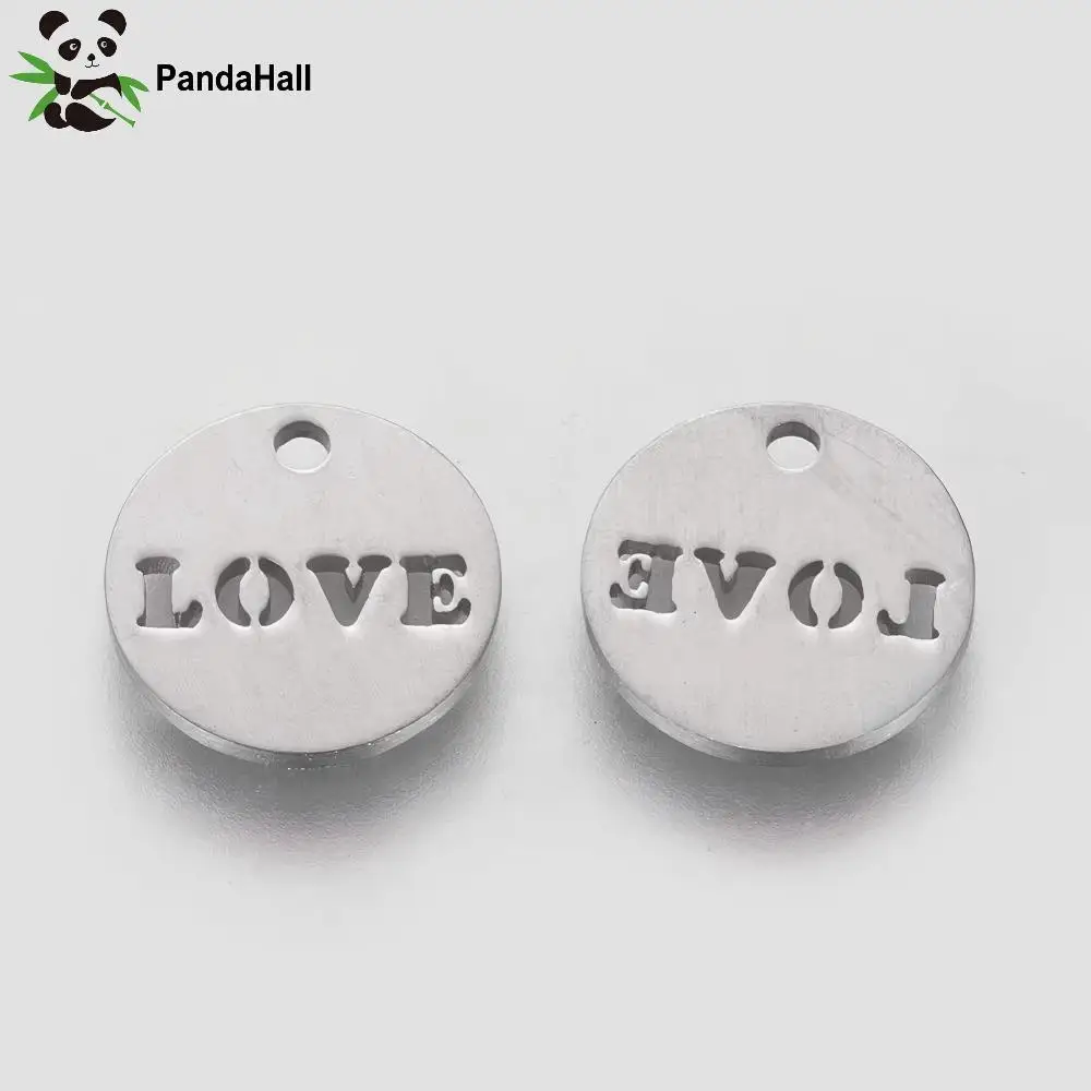 PandaHall 304 Stainless Steel Charms Polishing Round with Word Love For Jewelry Craft Making DIY Necklace Earrings Pendant