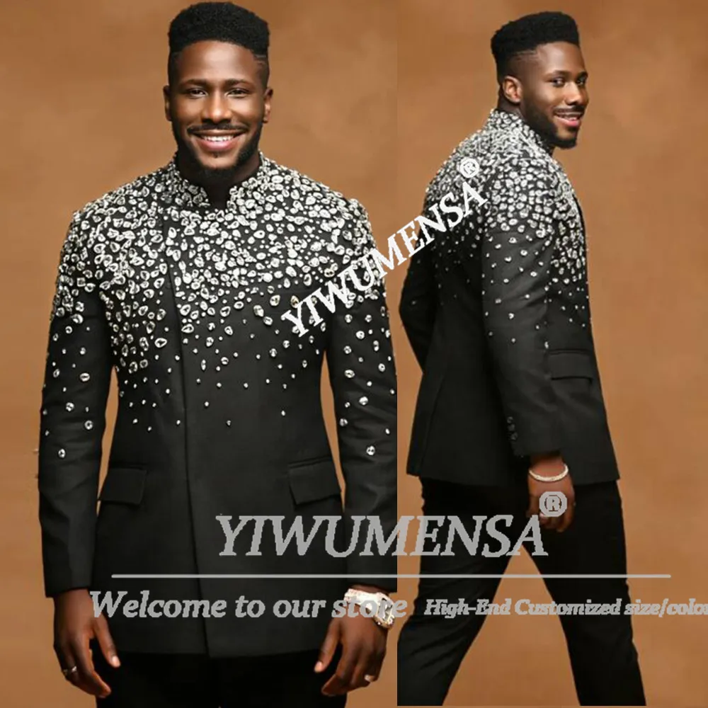 

Exquisite Suits Men 2 Piece Sets Rhinestones Beaded Embellished Prom Blazers Customized Man Formal Wear Wedding Tuxedo Attire