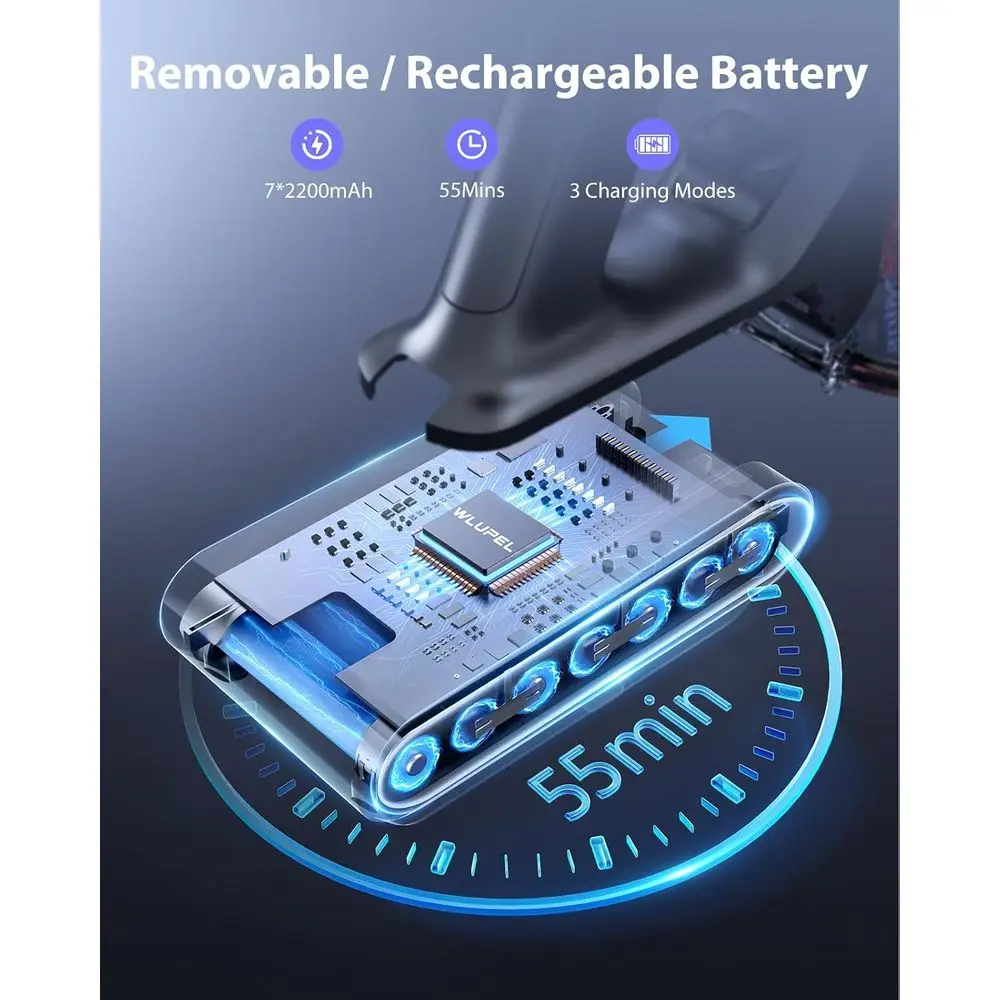 مكنسة كهربائية لاسلكية 40 كيلو باسكال 450 وات: وقت تشغيل 55 دقيقة، شاشة LED، شعر الحيوانات الأليفة والسيارة، استخدام المنزل والسيارة