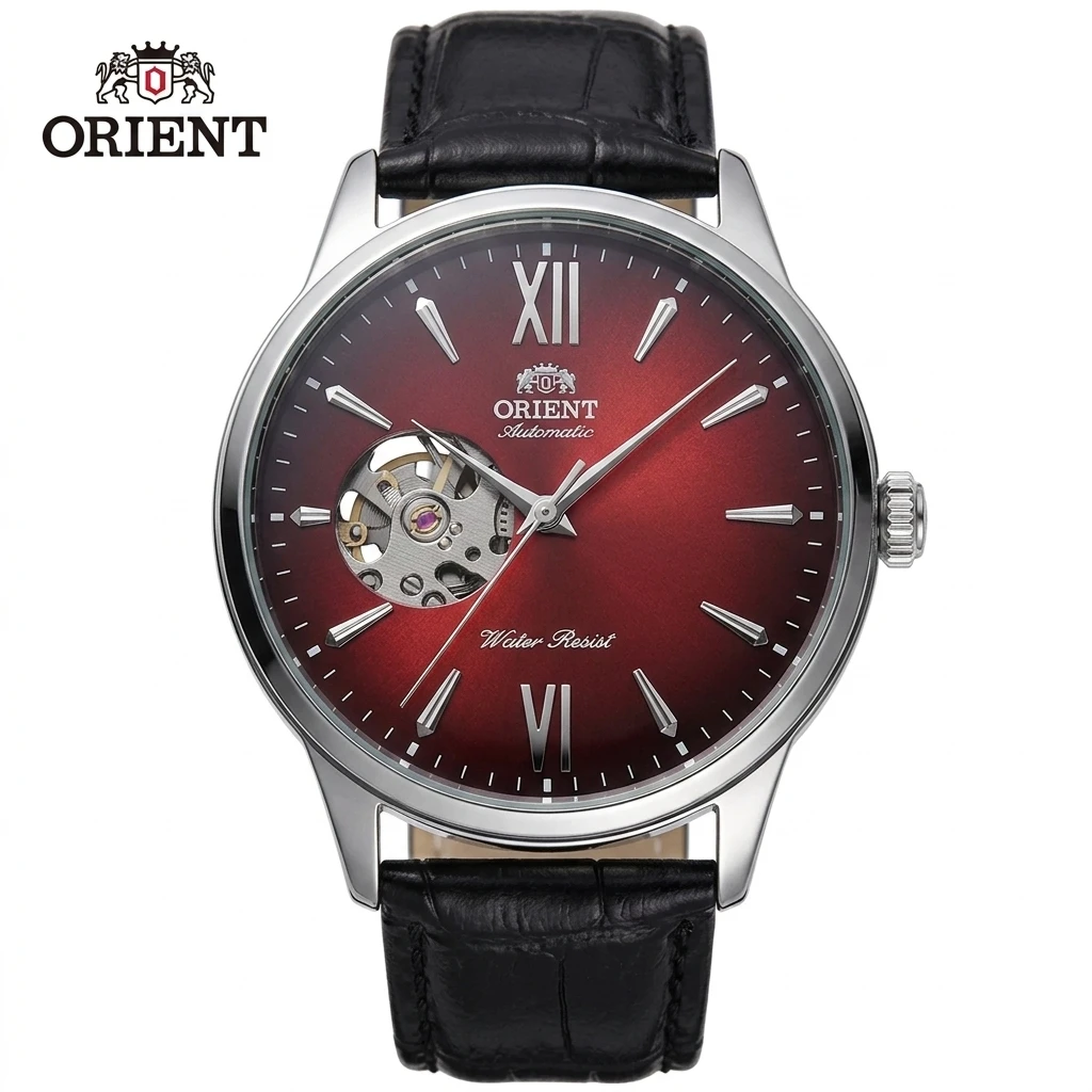 Men Orient Open Heart Skeleton Automatic Watch Green Dial Leather Strap Waterproof Business Dress Mechanical Wristwatch