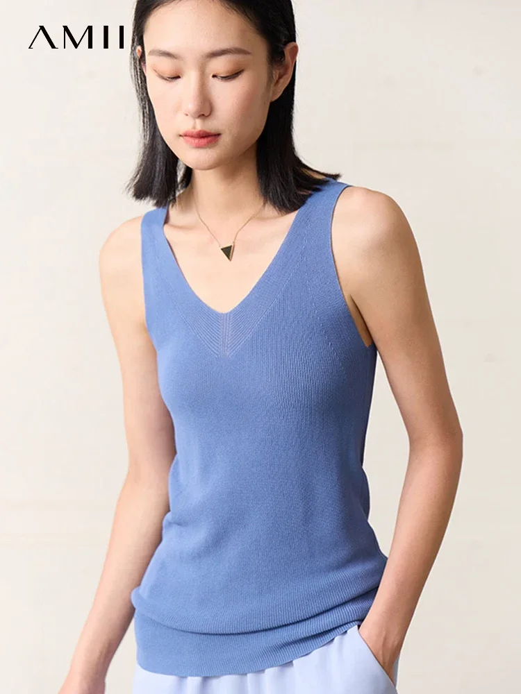 

AMII Minimalism Women's V-neck Camisole Vest 2025 Summer Solid Slim Fit New Office Lady Clothing Bottoming Knitted Top 12342443