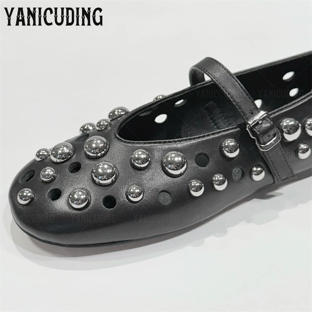 Metallic Spheres Studded Ballet Flats Round Toe Buckle Strap Mary Jane Ballerinas Designer Novelty Style Comfortable Black Flats