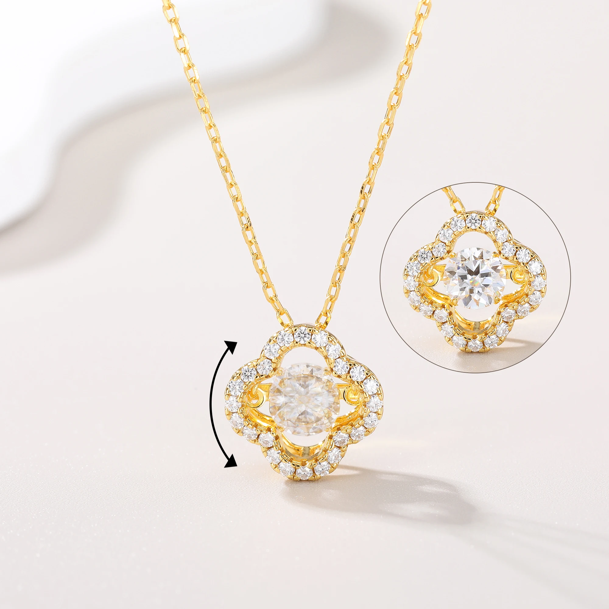 

925 Sterling Silver 18K Gold Plated Dancing Round Shape Pendant Necklace with Halo Stone Women's Wedding Jewelry