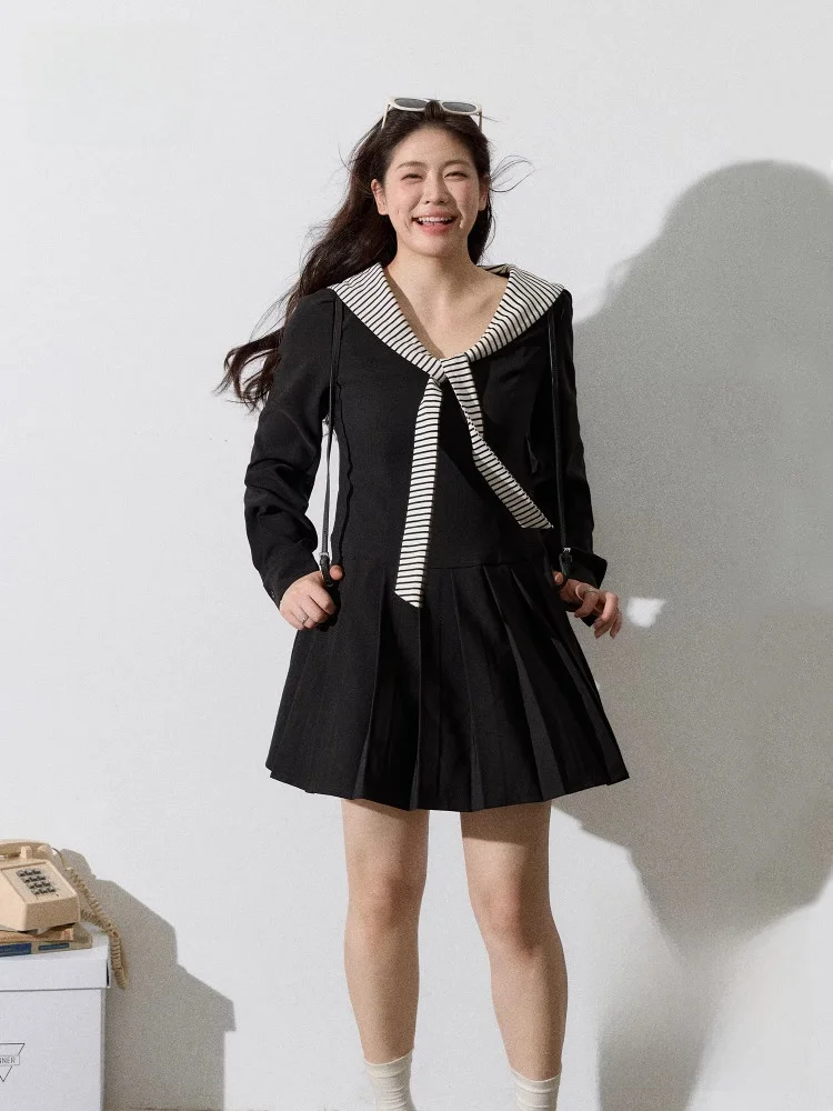 

Корейский воротник с эффектом похудения, ленивый темно-синий воротник плюс размер Dr с высокой талией Long Sve ort Bla Dr для женщин, поездок на работу и ветер