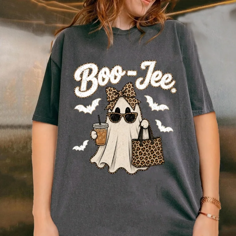 Boo-Jee Ghost T Shirt Leopard Coffee Fall T-shirt Casual Round Neck Printed Cotton Short Sleeve Tshirts Vintage Washed Halloween