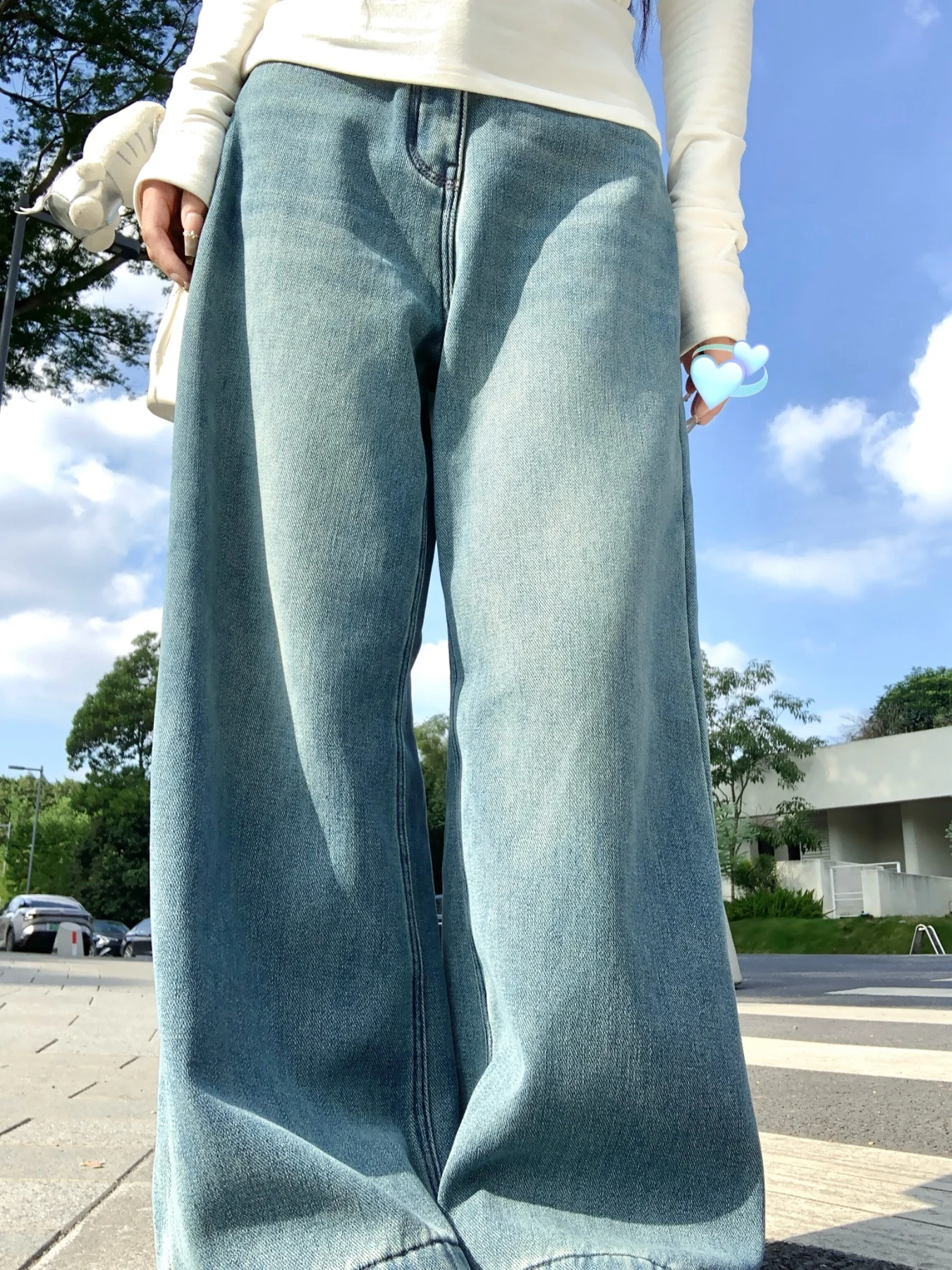 

Зимние джинсы Uoo Fanxin в корейском стиле, прямые, на флисовой подкладке, свободного кроя, с высокой талией, на молнии, синие, из денима