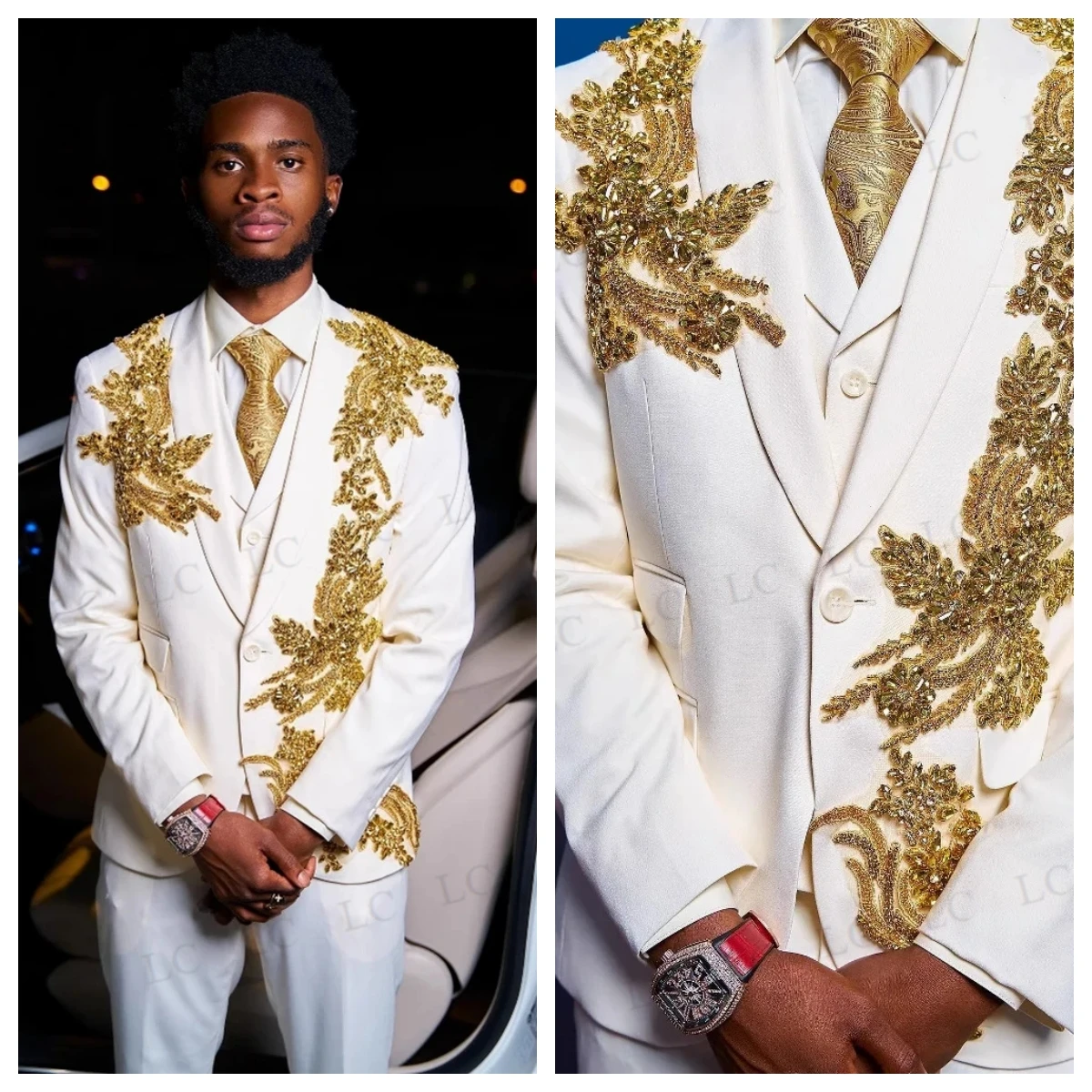 

3 Pieces Gold Appliques Men Suits One Button Sheer Lapel Beads Uniform Luxury Blazer Formal Prom Wedding Groom Custom Plus Size