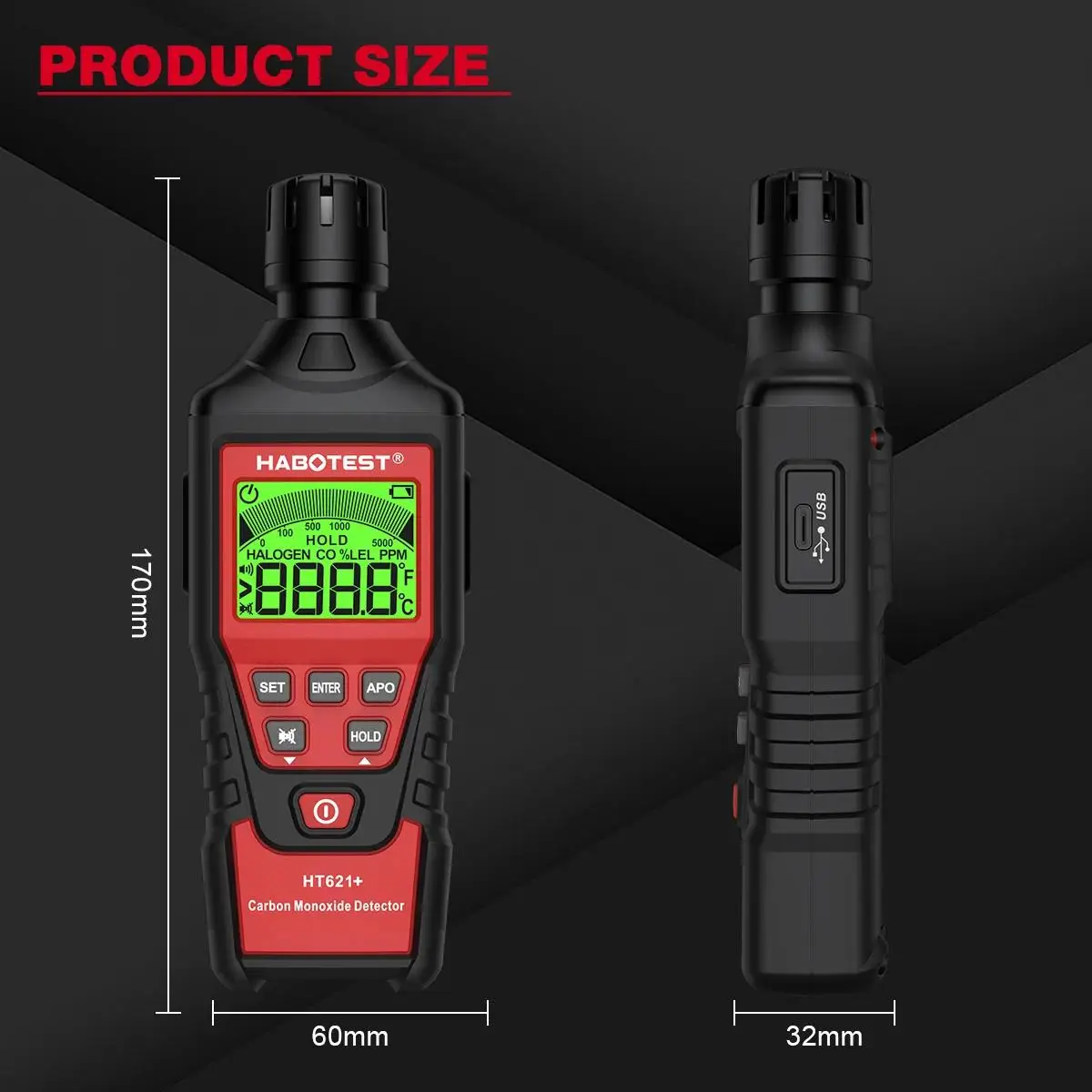HABOTEST HT621 + مقياس أول أكسيد الكربون مع جهاز اختبار غاز ثاني أكسيد الكربون عالي الدقة كاشف قياس الصوت والضوء إنذار 0 ~ 5000ppm