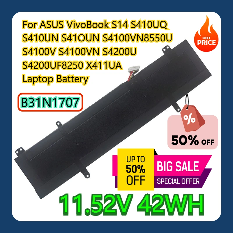 

For ASUS VivoBook S14 S410UQ S410UN S41OUN S4100VN8550U S4100V S4100VN S4200U S4200UF8250 X411UA B31N1707 Laptop Battery