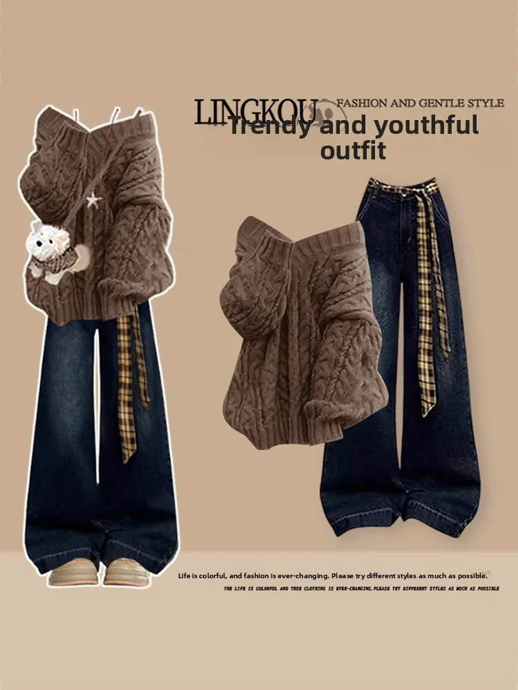 

Fashionable Knitted Sweater And Jeans Set for Women Autumn Leisure Style Cables Design V-Neck Long Sleeve Loose Fit Two-Piece...