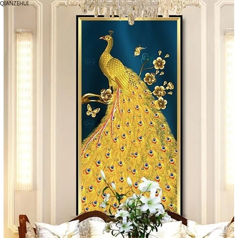 

DIY full Diamond Embroidery,Round Diamond Luxury Golden Peacock Porch Living room decoration rhinestone beads Diamond painting