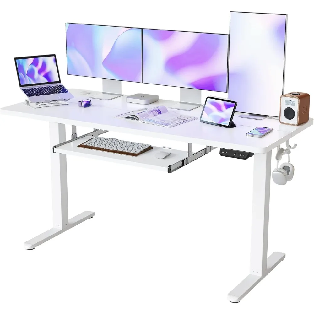 Standing Desk with Keyboard Tray, 63 × 24 Inches Electric Height Adjustable Desk, Sit Stand Up Desk, Computer Office Desk, White