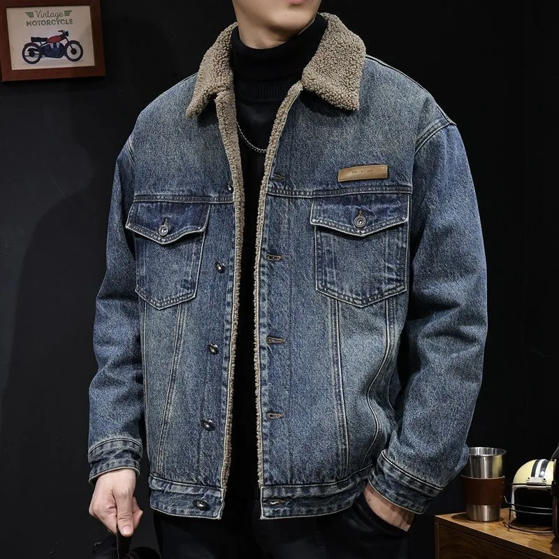

Autumn and Winter Fashionable Trendy American Retro Plus Velvet Thick Warm Cowboy Jacket Men's Loose Sports High Quality Jacket