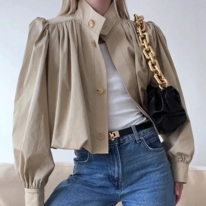 

Fall Winter Fashionable Jacket Pleated High-Neck Coat Elegant Long-Sleeve Twill Outwear Women's Casual Vacation Jacket