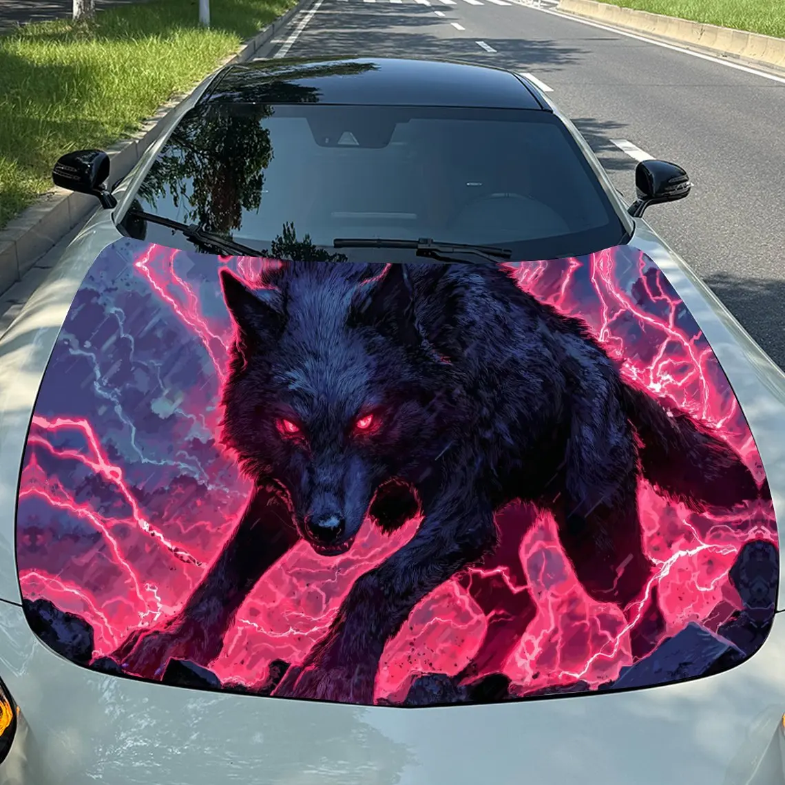 

Scarlet Flame Thunder Wolf Car Vinyl Wrap, PVC Material Waterproof Car Hood Sticker, Self-Adhesive Scratch-Resistant Stickers fo