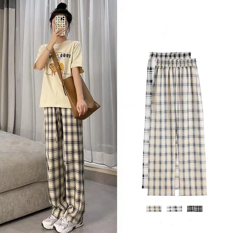 Koreon Harajuku Casual Women Plaid Pants Spring Summer Thin Elastic High Waist Streetwear Fashion Loose Sports Straight Trousers