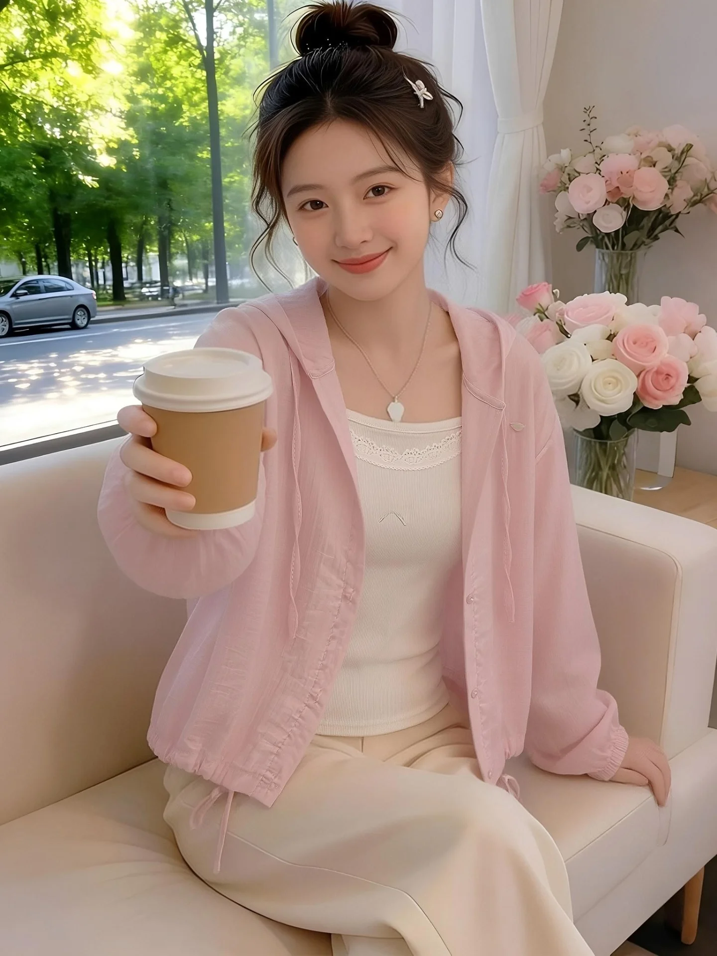 

Korean Style Sweet Pink Single Button Design Summer New Ladies Lightweight Breathable Hooded Jacket Sun Protection Clothing