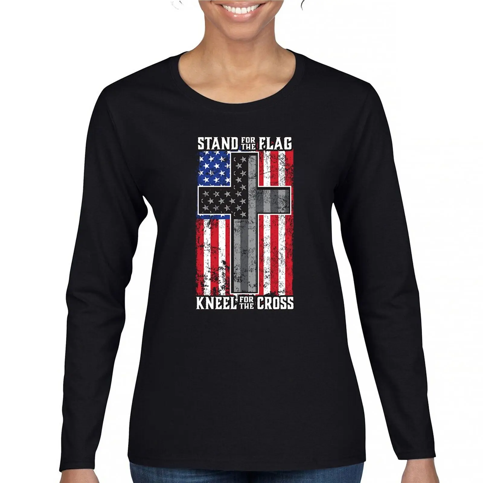 

Stand for the Flag Kneel for the Cross Women's Long Sleeve T-shirt Americana