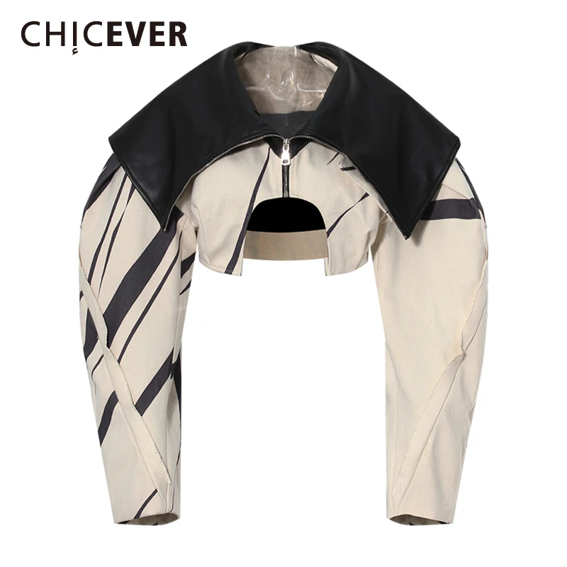 CHICEVER Colorblock Asymmetrical High Street Coat for Women Large Lapel Long Sleeve Loose Patchwork Leather Short Jackets Female