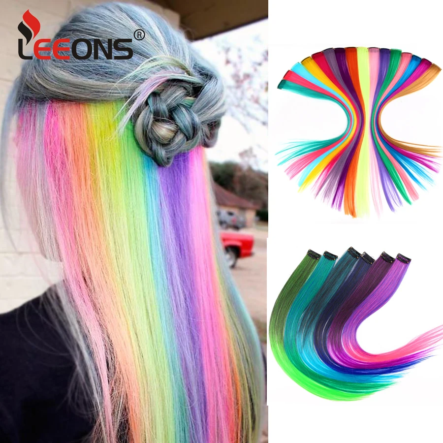 Synthetic Ombre Clip In One Hair Extensions Colored Clip In Hair 20 Inch Rainbow Heat Resistant Straight For Women Girls Kids