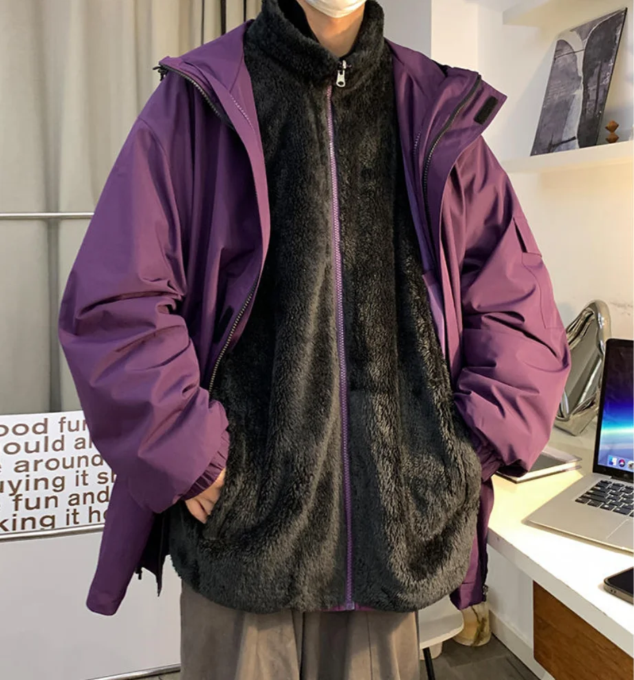 Koeran Style 2 Piece Set Mens Heavy Fleece Jacket for Winter Waterproof Cotton Padded Thermal Outdoor Clothes Hooded Zipper Coat