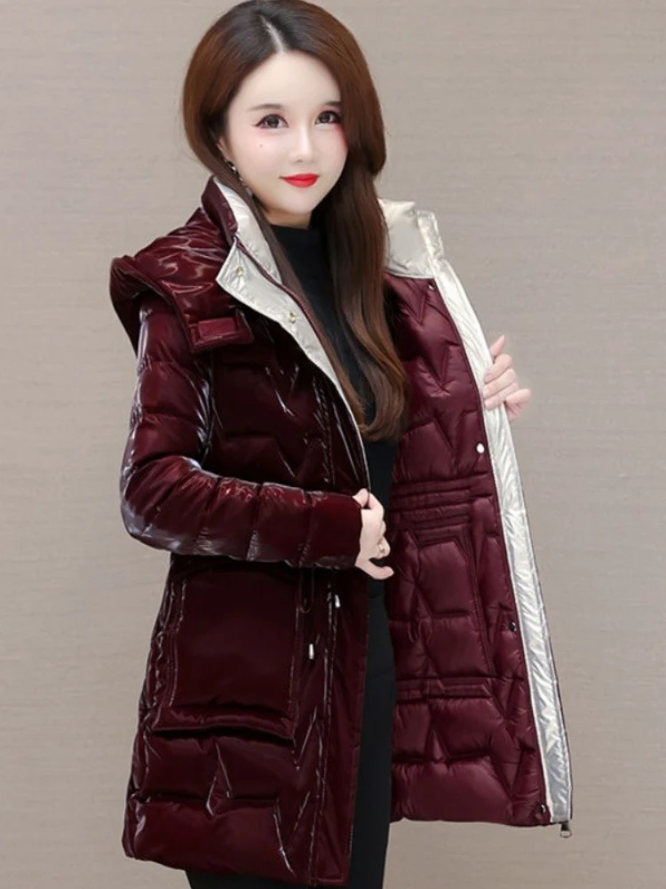 

2025 Women's Glossy Finish Washable Down Jacket Korean Style Winter Warm Plus Size Hooded Mid Length Coat Thickened Mom's Coat
