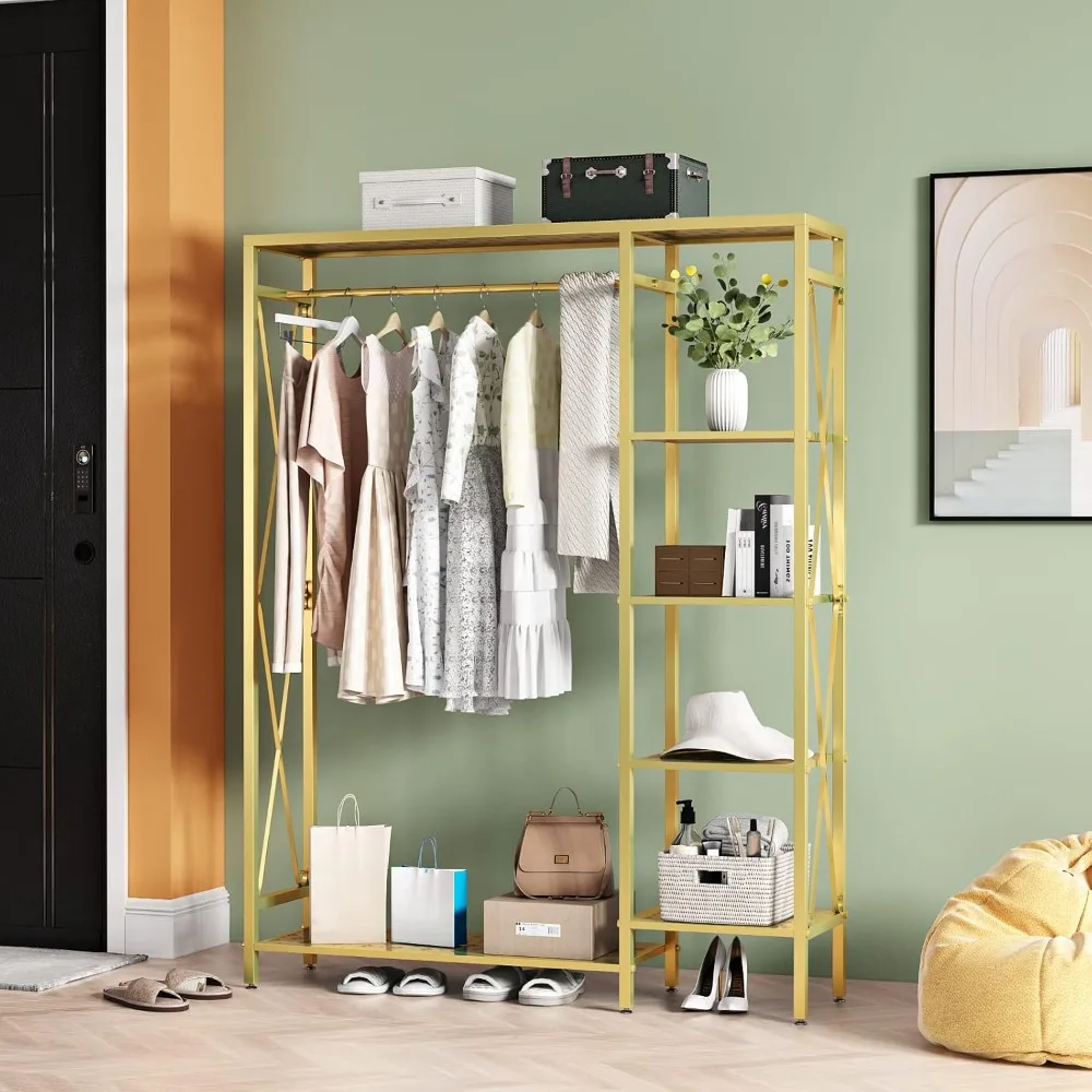 

Modern Gold Clothing Rack with Shelves, Heavy Duty Free-Standing Garment Rack for Boutique Wardrobe