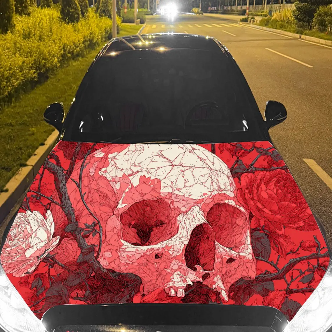 

Romantic Red Floral Skull Car Hood Stickers - Self-Adhesive, Waterproof and Durable Vinyl Wrap, Decorate And Protect Your Car, F