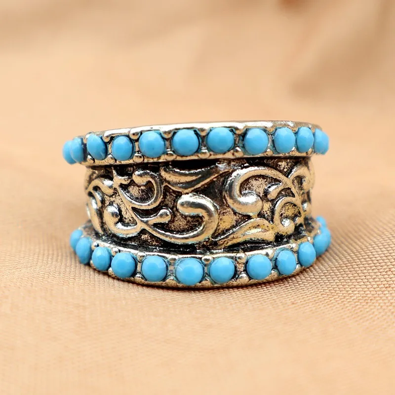 

Huajie Women's Lake Blue Imitation Turquoise Rings Silver Traditional Carved Cloud Print Ethnic Style Jewelry Trend Tide