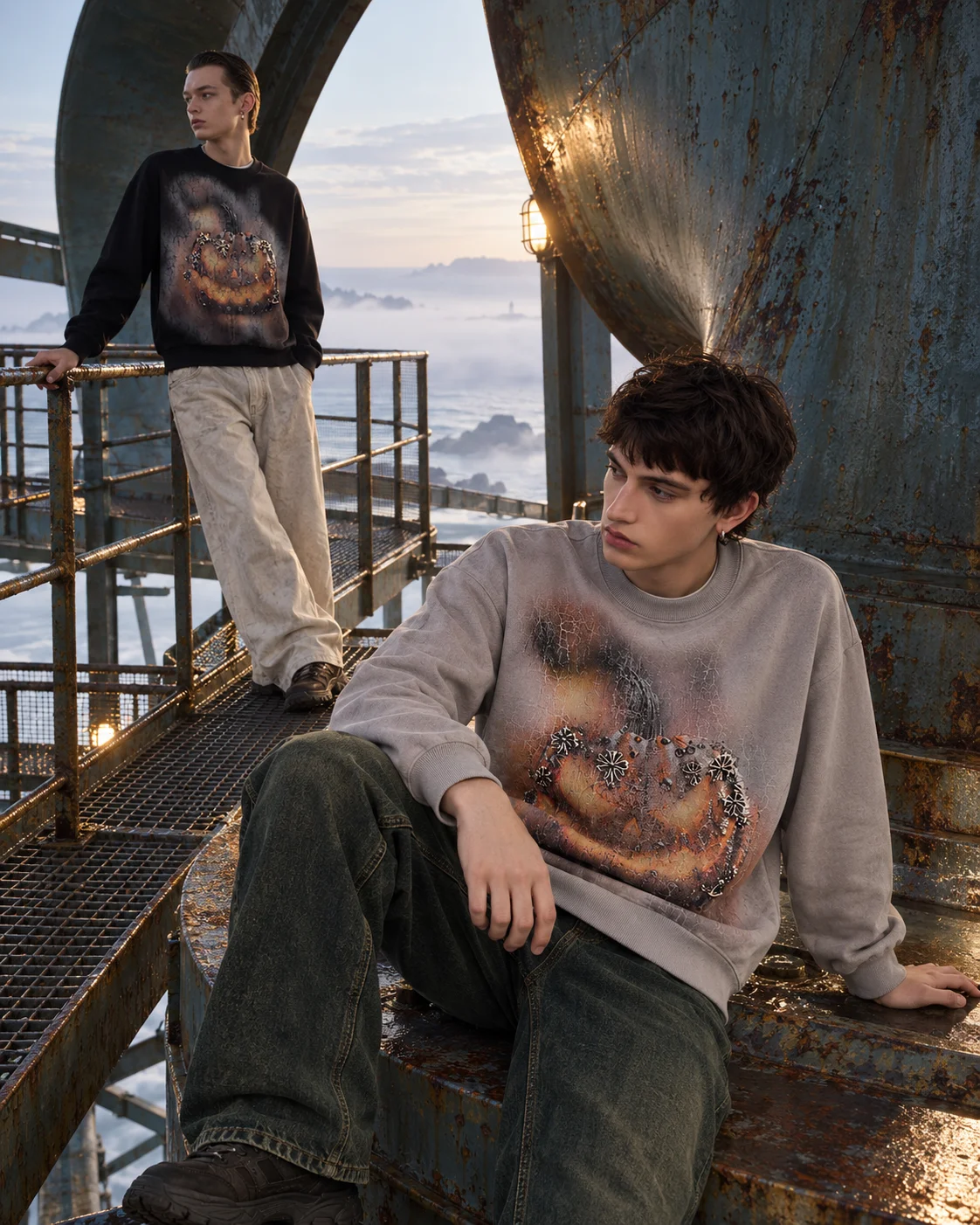 MAZZONNE Men Long Sleeve T-Shirt Pumpkin Graphic Crew Neck Grunge Vintage Streetwear Top H